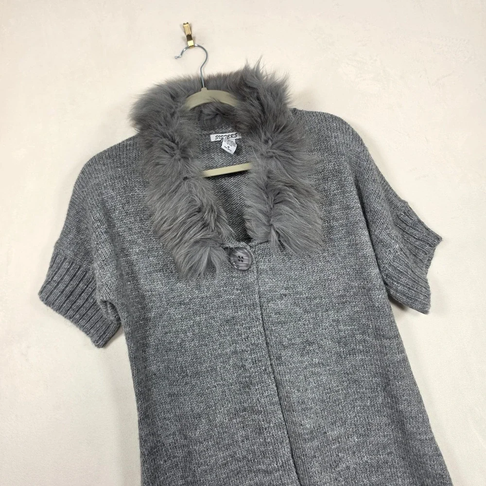 Sisters Cardigan Women's M Gray Wool Knit Faux Fur Short Sleeve Boho